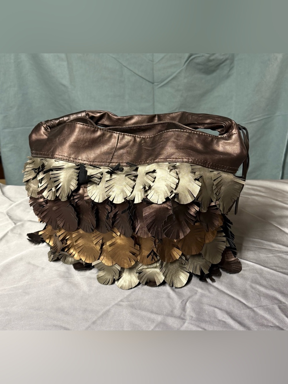 Multi-Tone Brown & Cream metallic Feather Fringe Women's handbag